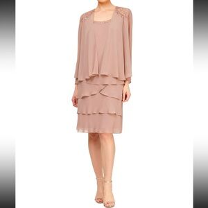 Women’s Formal Dress Size 16 SLNY Tiered Chiffon Mocha 2pc Jacket + Dress Beaded